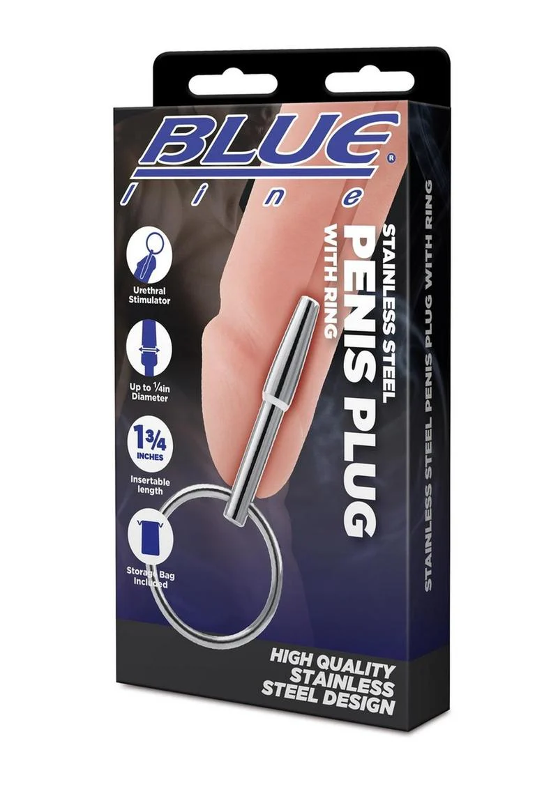 Blue Line Stainless Steel Penis Plug with Ring - Image 3