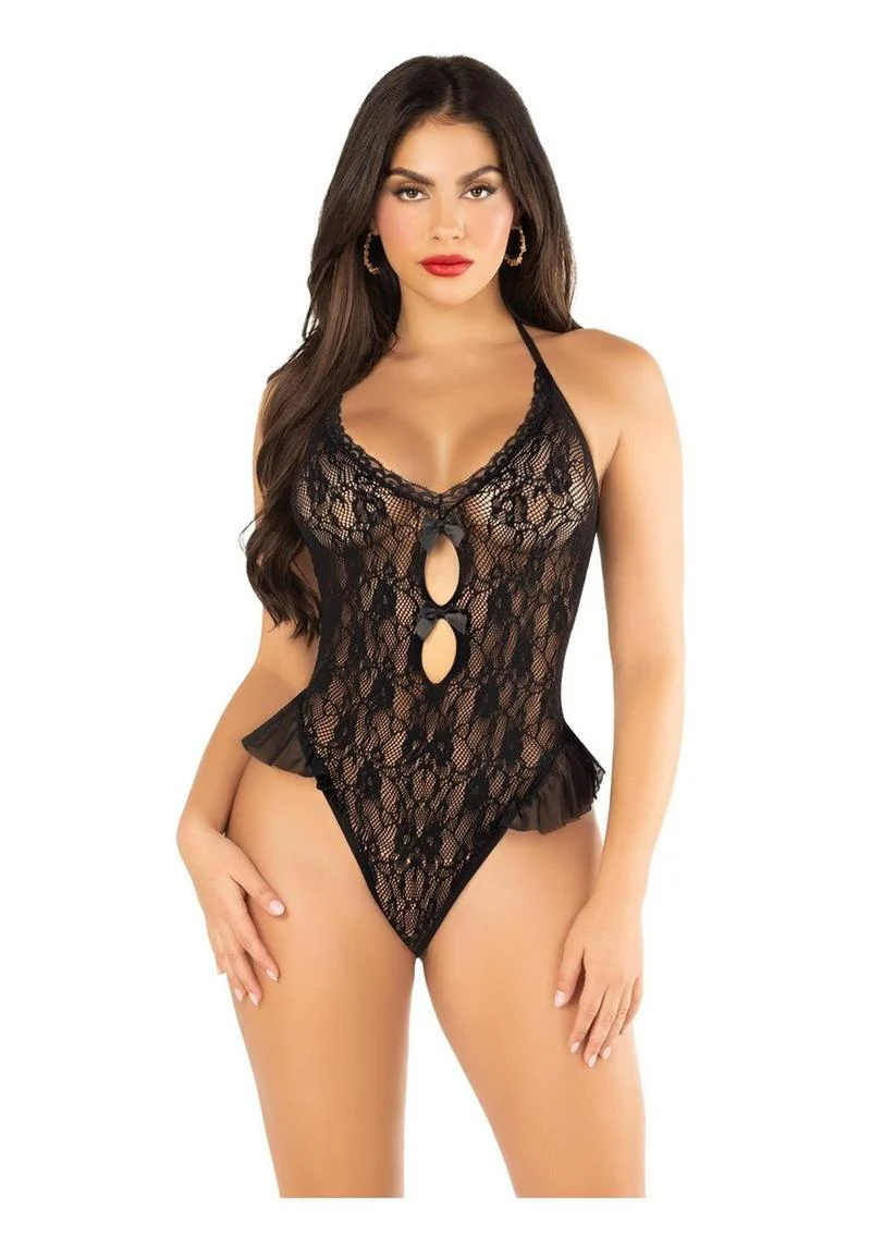 Floral Lace Halter Bodysuit with Mini Bow and Flutter Accent - Image 2