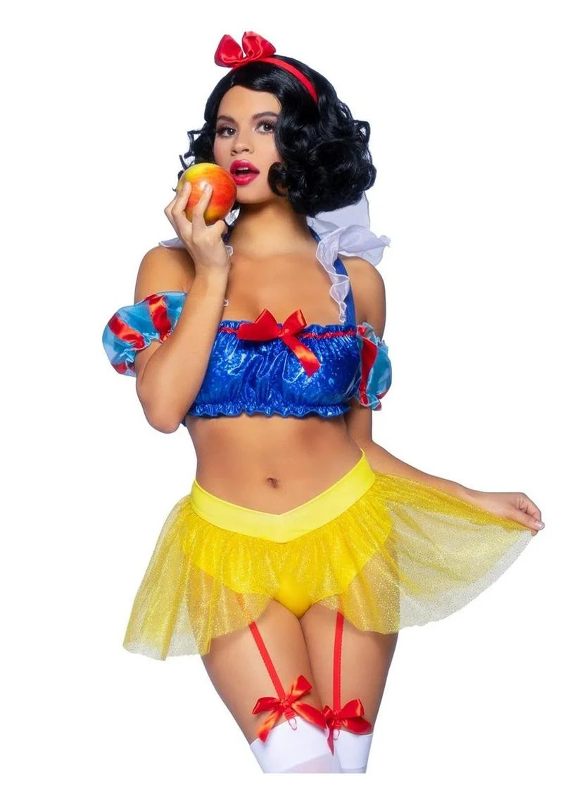 Leg Avenue Bad Apple Snow White, Shimmer Halter Bandeau with Organza Puff Sleeves and Ruffle Collar, Garter Panty with Shimmer Sheer Skirt, and Matching Bow Headband - Image 5