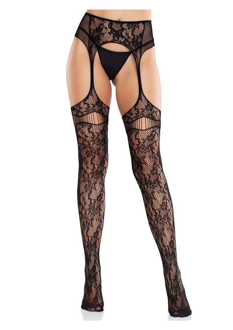 Leg Avenue Bloom Net Stockings with Cut-Out Thigh Detail and Attached Garter Belt - Image 4