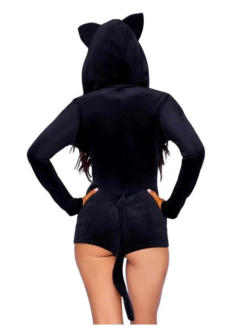 Leg Avenue Comfy Cat Ultra-Soft Velvet Plush Zip Up Romper with Bell Zipper Pull, Ear Hood, and Kitty Tail - Image 4