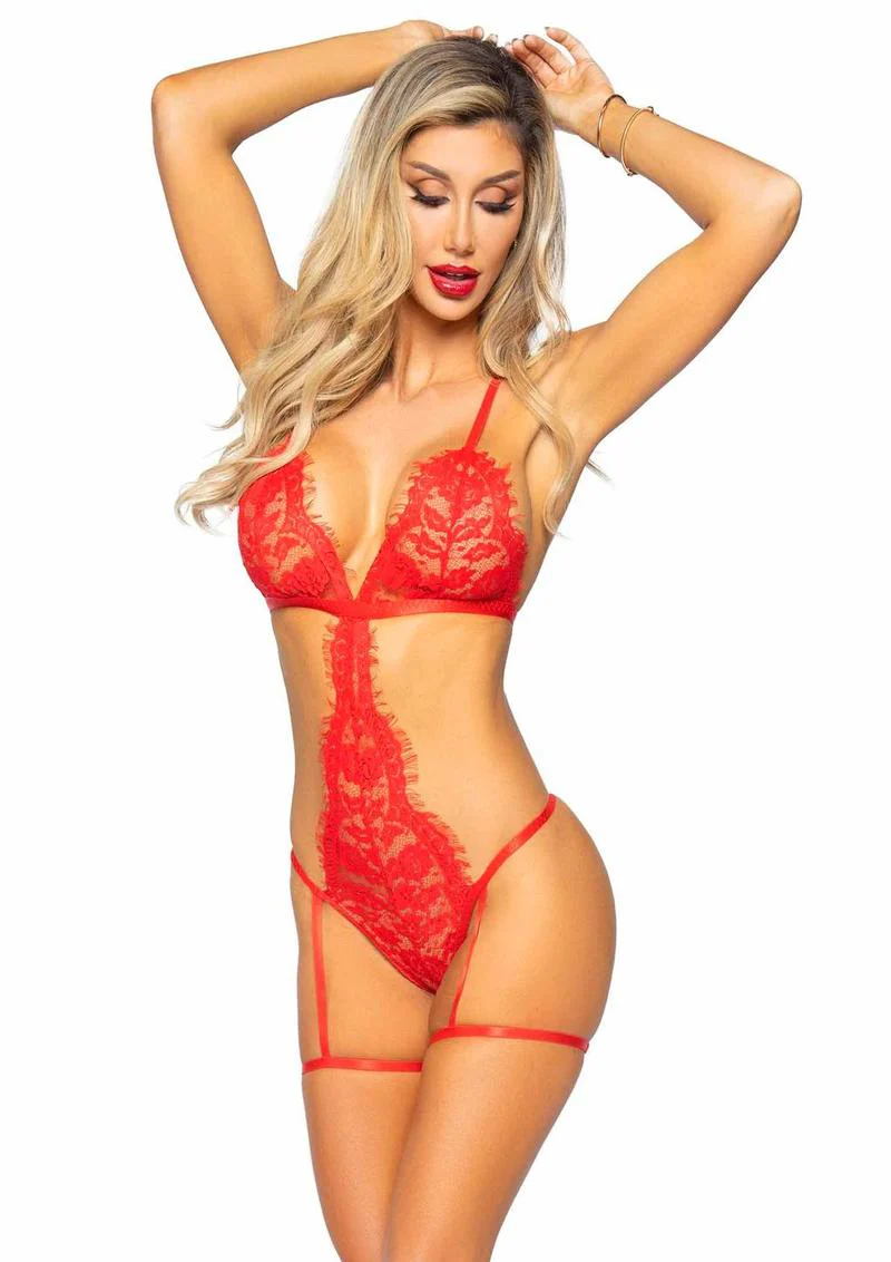Leg Avenue Eyelash Lace Garter Teddy with G-String Back and Adjustable Straps, Lace Robe and Ribbon Tie - Image 13