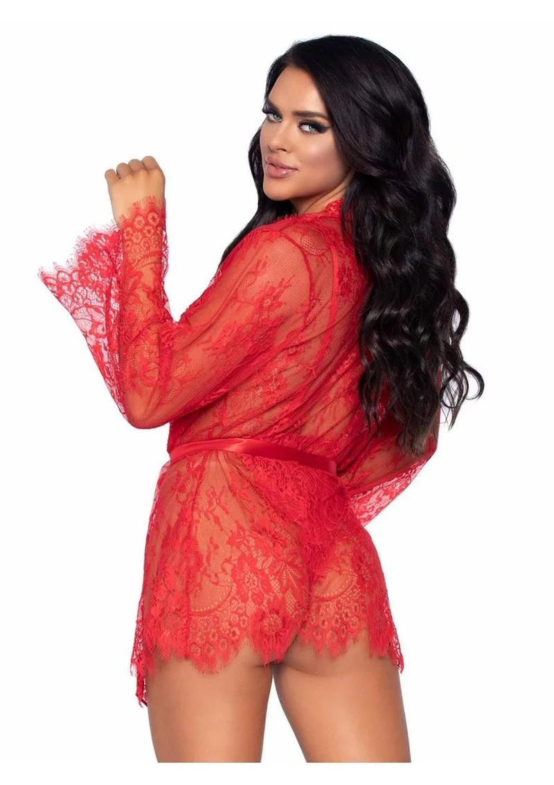 Leg Avenue Floral Lace Teddy with Adjustable Straps and Cheeky Thong Back Matching Lace Robe with Scalloped Trim and Satin Tie - Image 5