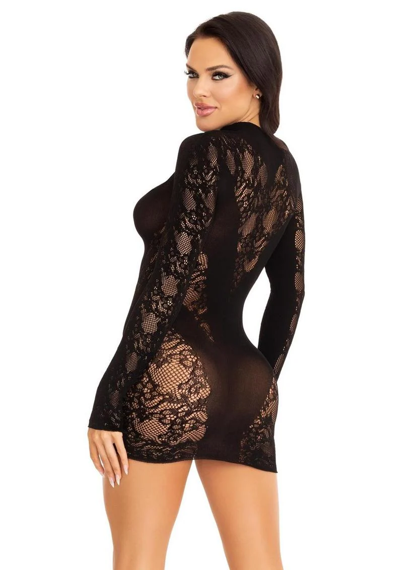 Leg Avenue Lace Keyhole Mini Dress with Opaque Panel Detailing and Gloved Sleeves - Image 4