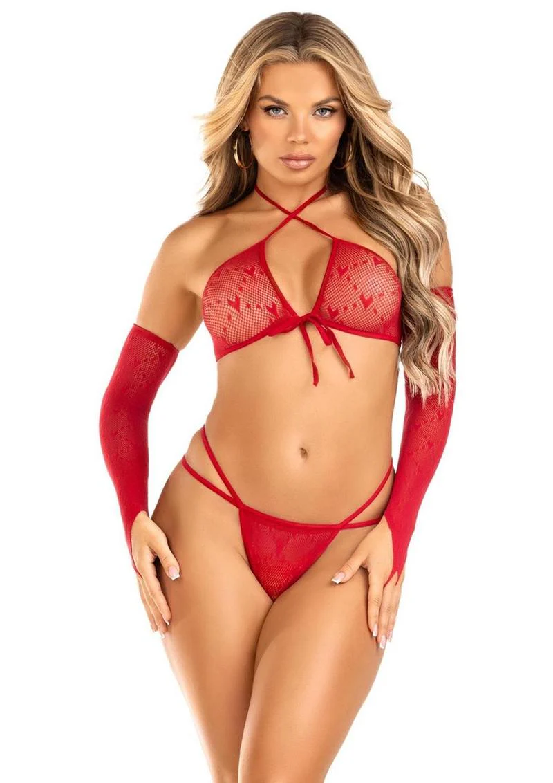 Leg Avenue Mini Heart Net Keyhole Crossover Crop Top, Dual Strap G-String, and Gauntlet Gloves - Image 2