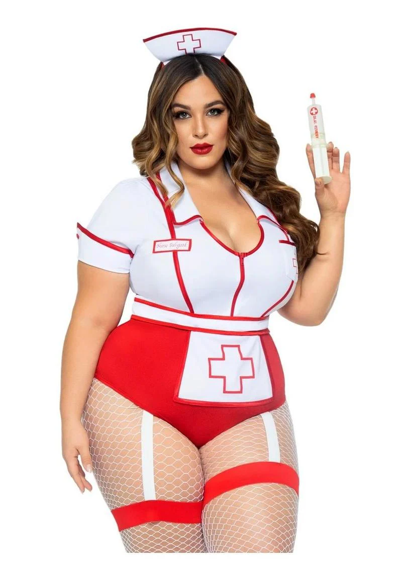 Leg Avenue Nurse Feelgood Snap Crotch Garter Bodysuit with Attached Apron and Hat Headband - Image 17