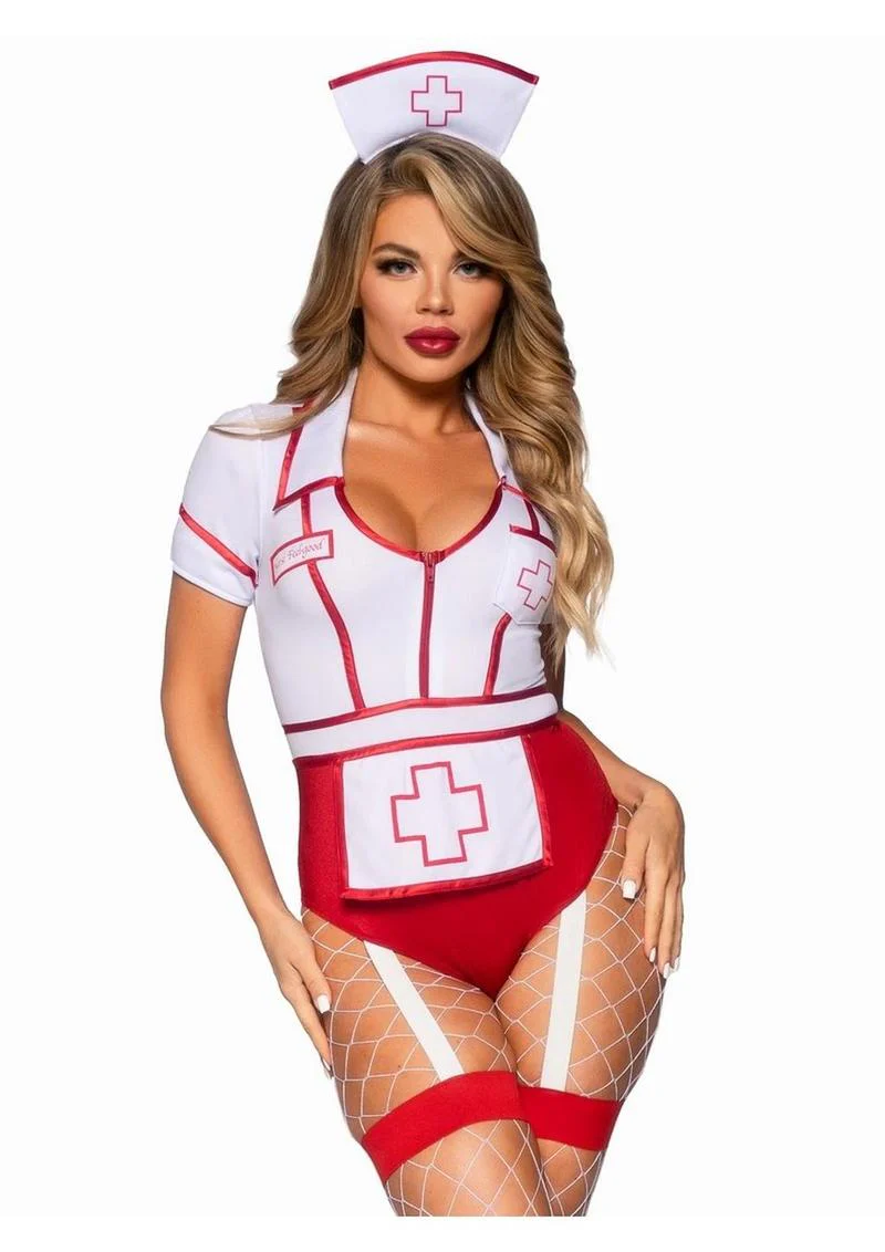 Leg Avenue Nurse Feelgood Snap Crotch Garter Bodysuit with Attached Apron and Hat Headband - Image 5