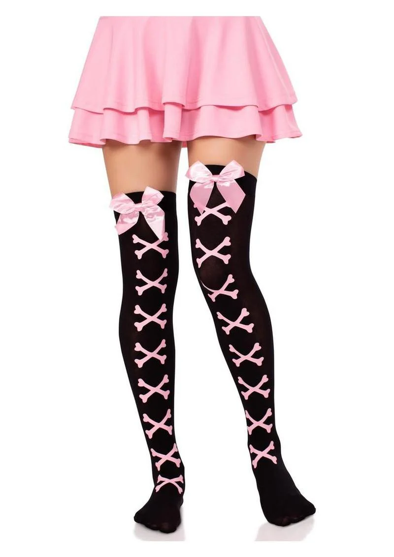 Leg Avenue Opaque Cross Bone Thigh Highs with Satin Bow Accent - Image 3