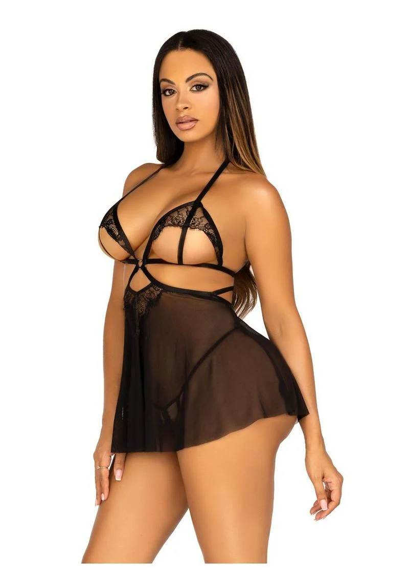 Leg Avenue Open Cup Eyelash Lace and Mesh Babydoll with Heart Ring Accent and Matching Panty - Image 3