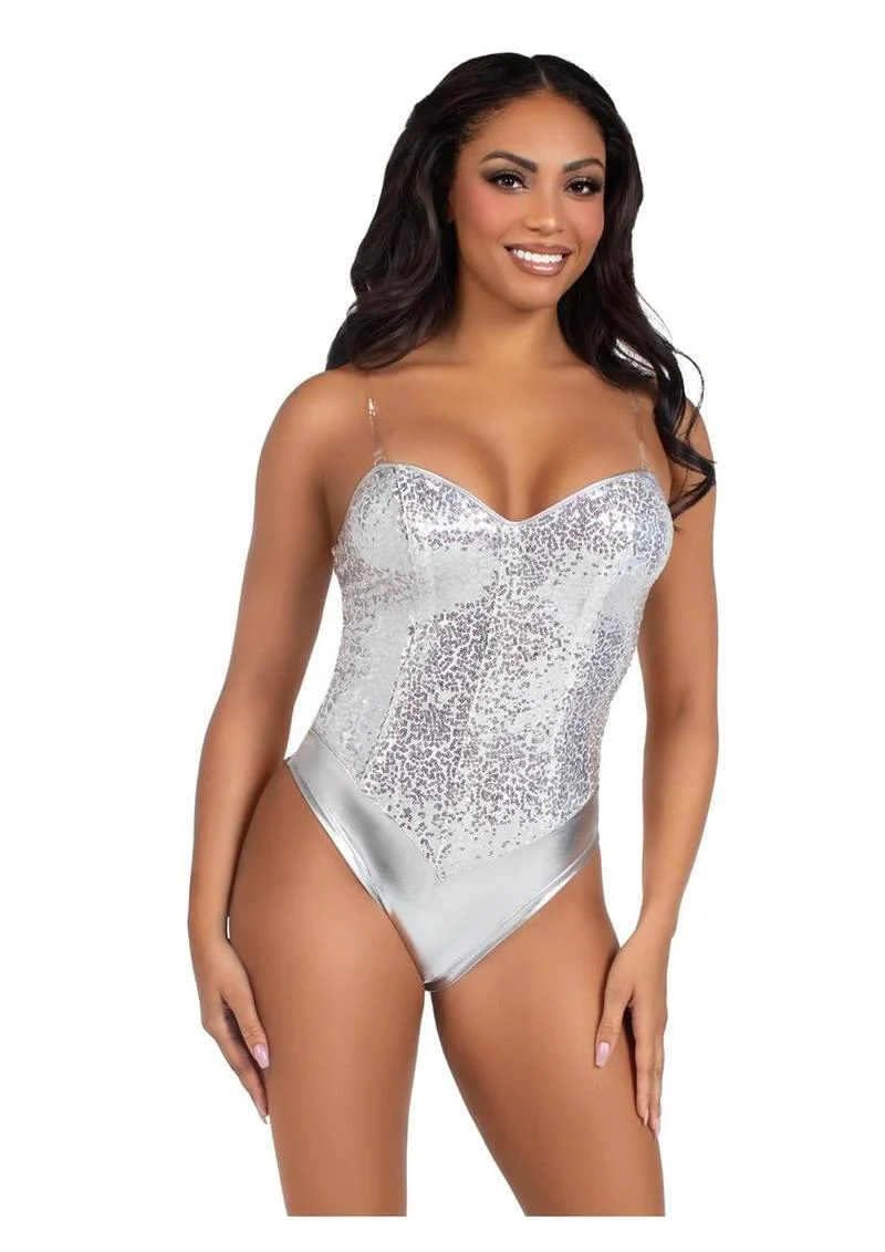 Leg Avenue Sequin Boned Snap Crotch Bodysuit with Detachable Clear Strap - Image 2