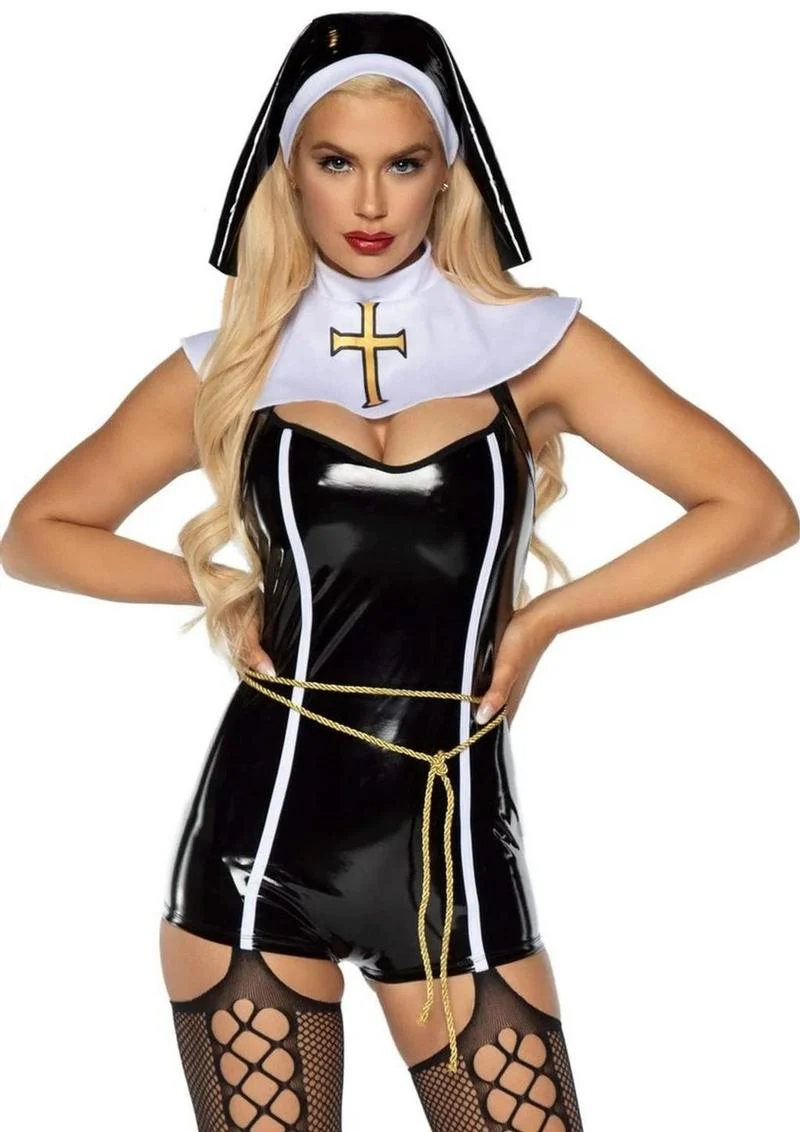 Leg Avenue Sinful Sister Vinyl Romper, Rope Belt, Collar, and Nun Habit - Image 2