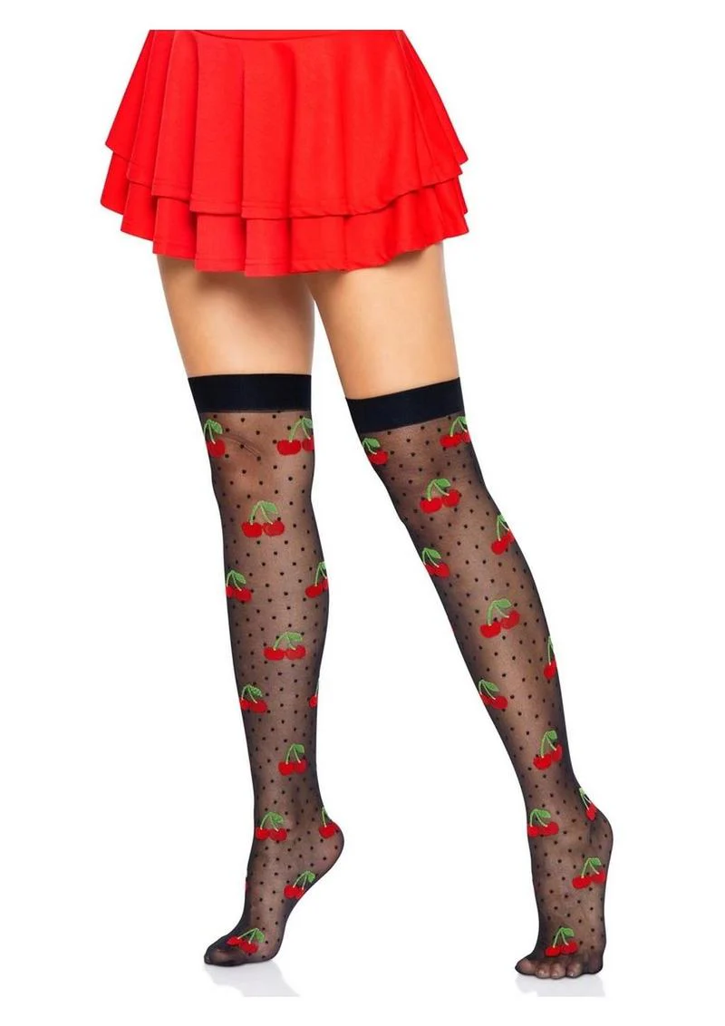 Leg Avenue Spandex Sheer Polka Dot Cherry Thigh Highs - Image 4