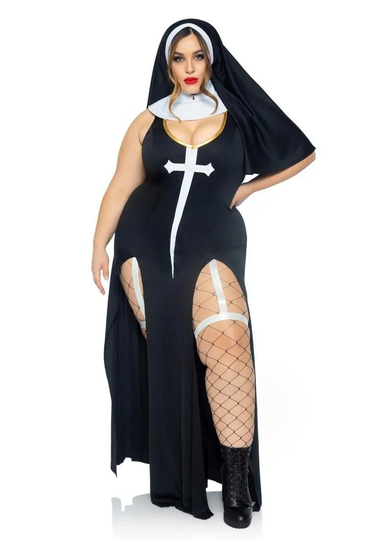 Leg Avenue Sultry Sinner Dual Slit Garter Dress with Vinyl Cross Detail, Vinyl Collar, and Nun Habit - Image 7