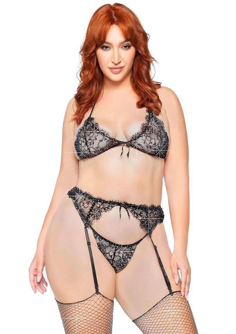 Rhinestone Eyelash Lace Bra Top Garter Belt and G-String - Image 3